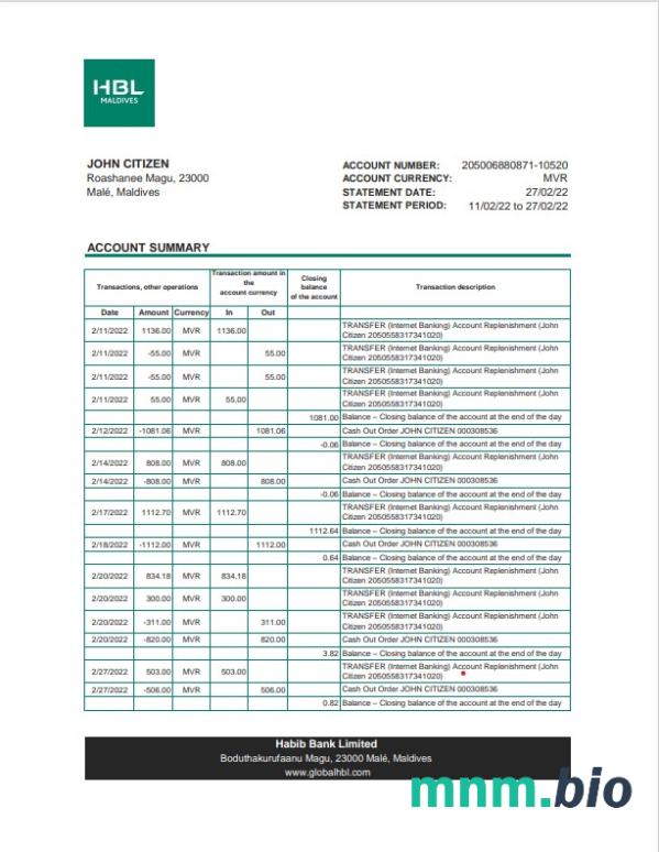 Maldives Bank of Maldives statement template w formacie Word i PDF